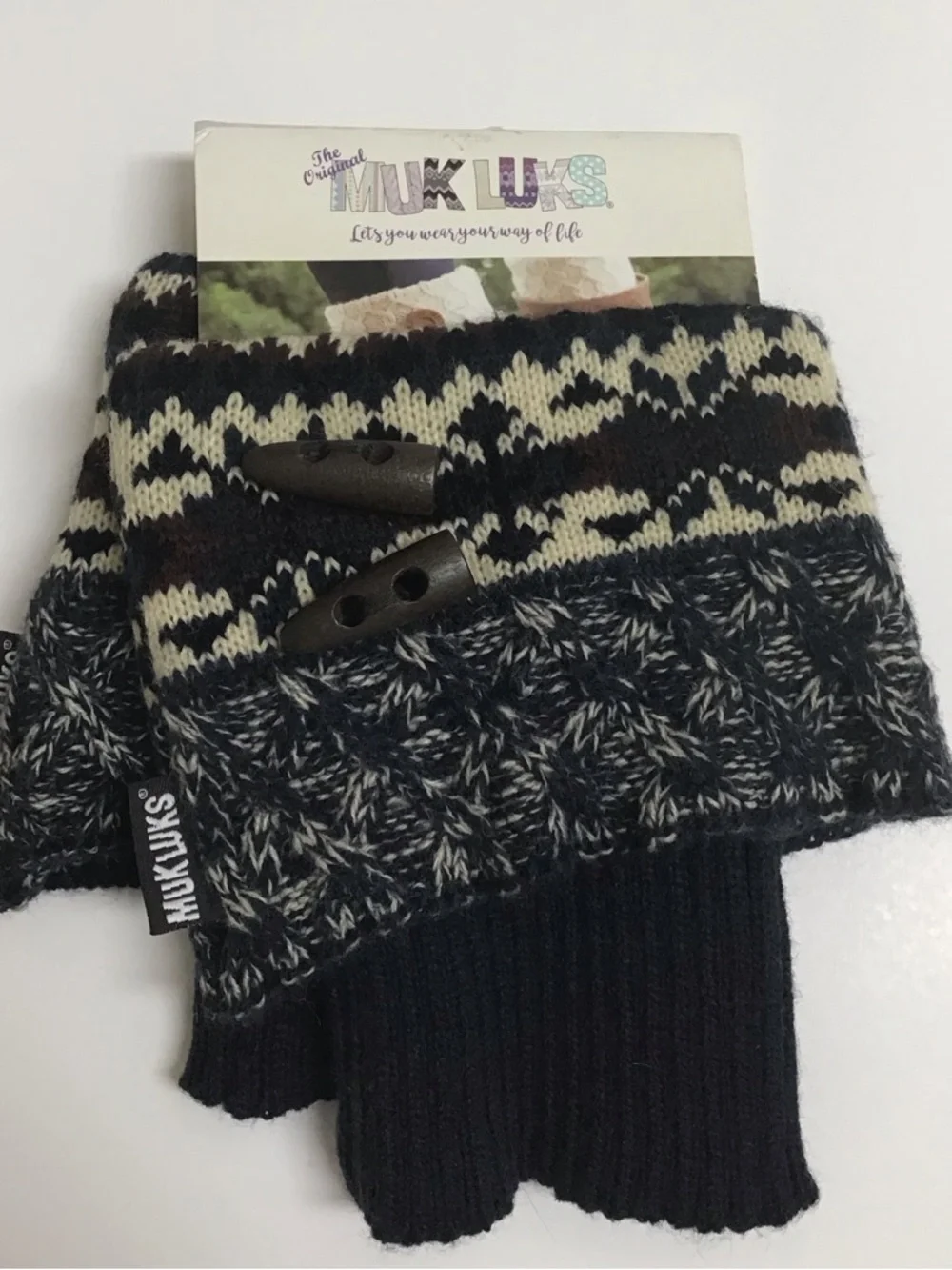 Muk Luks Boot Toppers Knit Cuff Navy Blue Brown Argyle Wood Button Acrylic NEW